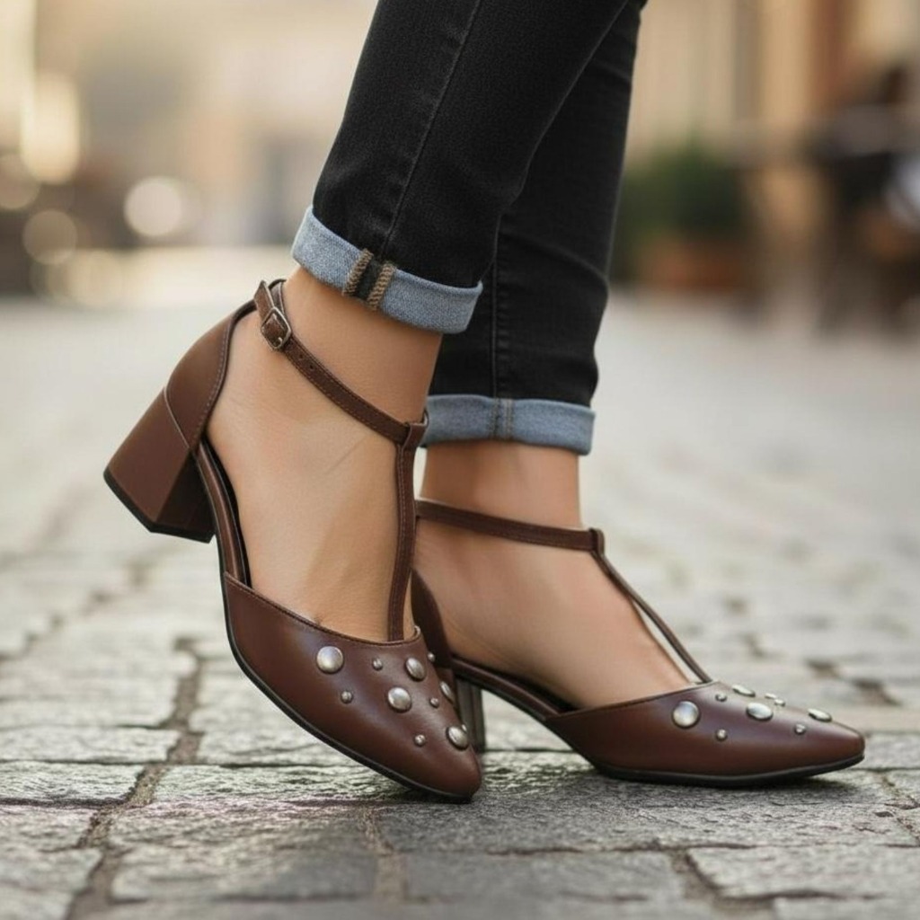 Sapato Feminino Scarpin Social Confortável Elegante Salto Bloco 6Cm Enfeite Tachas Tendencia 2026 em Oferta na Shopee