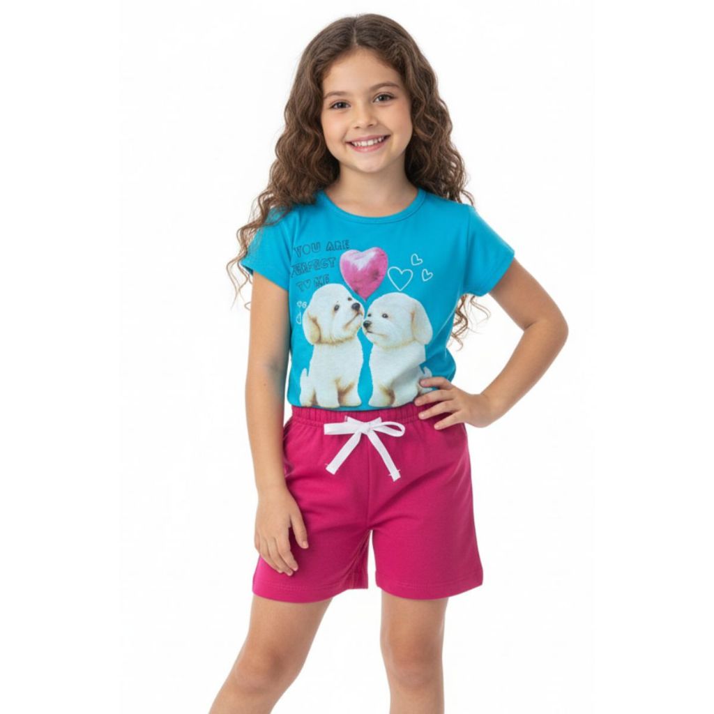 Conjunto Curto Infantil Verão Menina Blusa Meia Malha Cachorrinhos e Shorts Moletinho Confortável