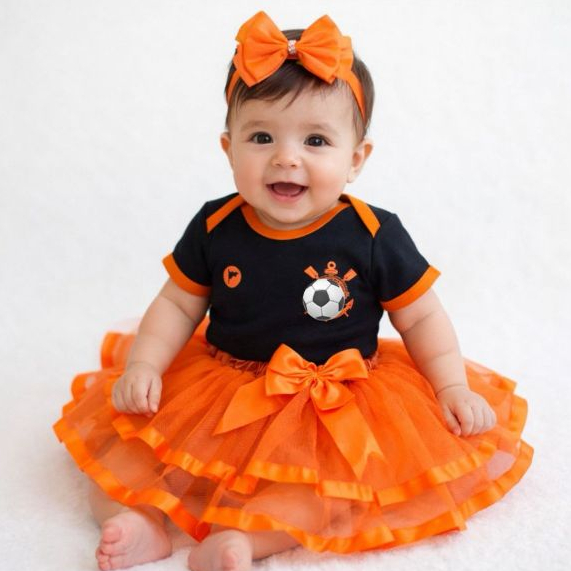Kit Mesversário Bebê Menina Corinthians Preto e Laranja com Saia Tule e Laço Luxo