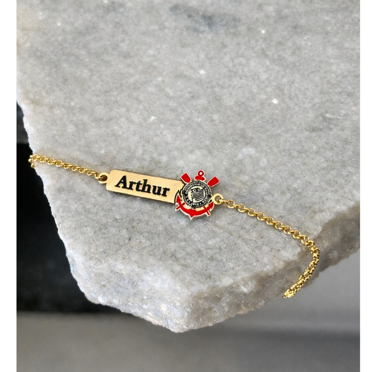 Pulseira Personalizada com Nome e Time Banhado a 7 mil. de Ouro 18k