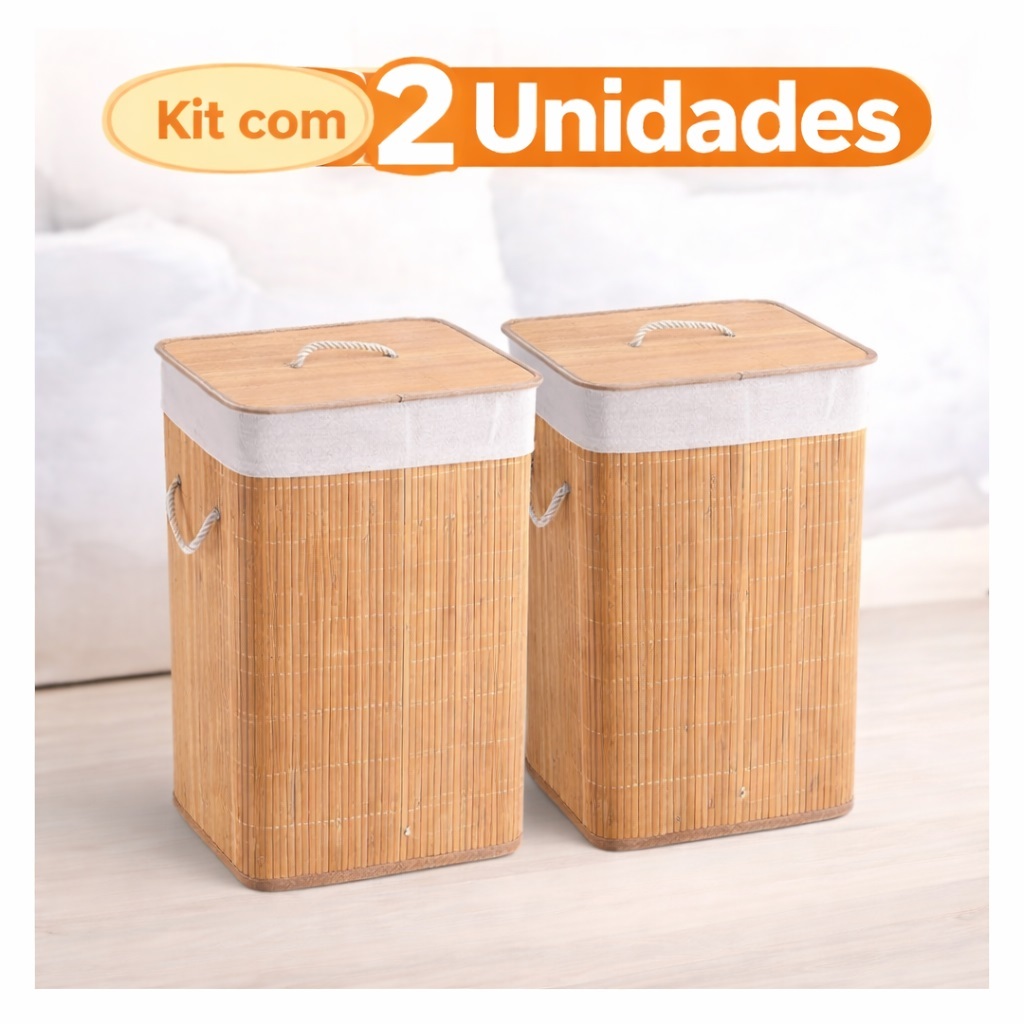 " QUEIMA DE ESTOQUE - Cesto De Roupa Suja De Bambu Com Tampa E Alças 70 Litros Bege Liso"