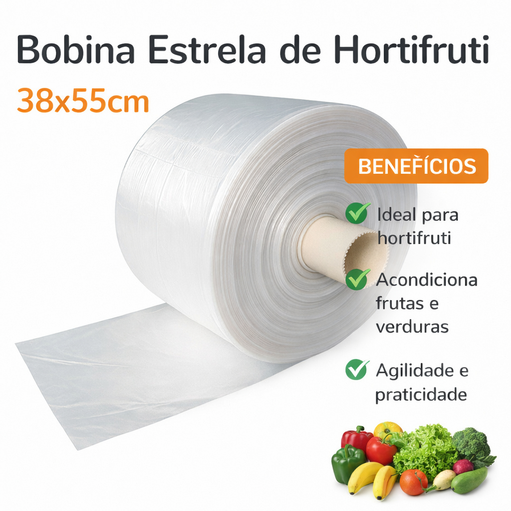 Bobina Saco Plástico Fundo Estrela Picotado 38x55cm G Hortifruti Mercado Mercearia Saquinho Grande