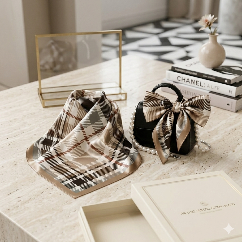 Lenço de Cetim Xadrez Feminino Acessório Chic Estampado para Cabelo Pescoço Bolsa Cropped Lançamento