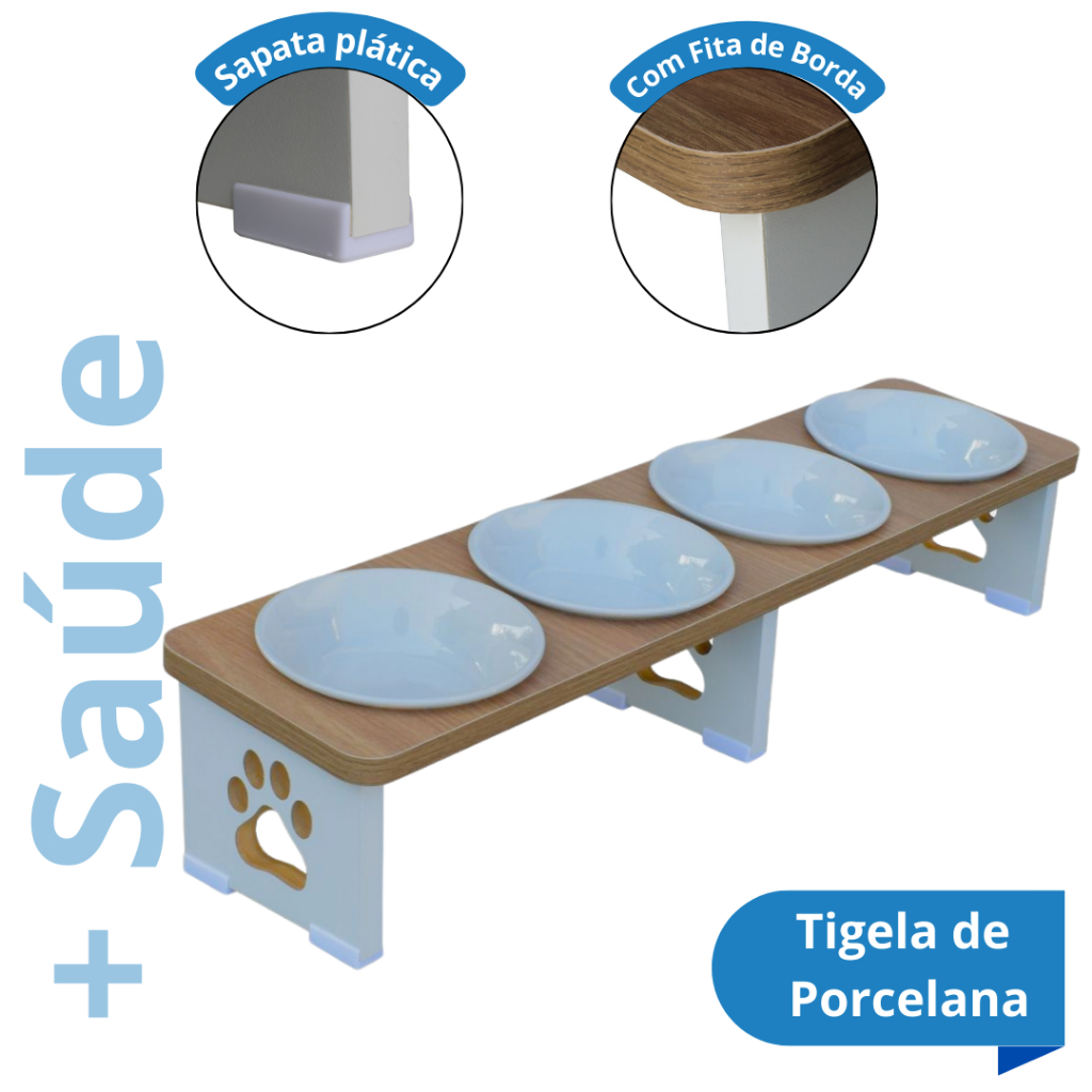 Comedouro Bebedouro Cachorro Elevado QUADRUPLO LINEAR Pet MDF