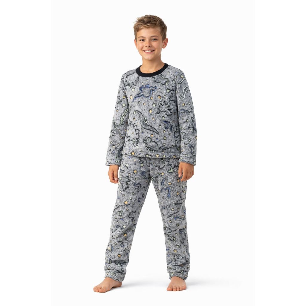 Conjunto Infantil Pijama Fleece Brilha no Escuro Inverno Quentinho Peluciado Roupa de Dormir