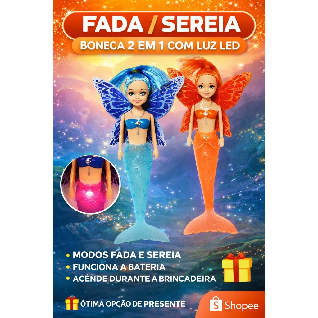 Boneca Fada Sereia com Luz 19,5cm à Bateria – Boneca Infantil Encantada com Luz