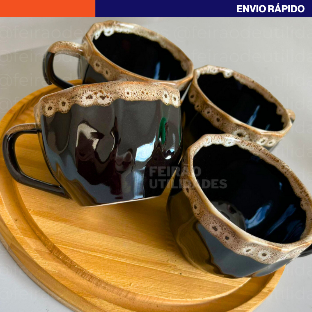 Kit Xícaras de Porcelana Prisma Preta com Borda Personalizada 200ml - Elegância em Cada Gole em Oferta na Shopee