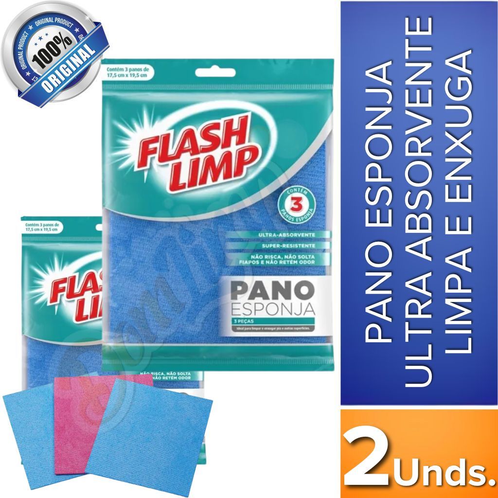 Kit 2 Pano Esponja C/ 3 Unds Ultra Absorvente Limpa e Enxuga Flash Limp em Oferta na Shopee