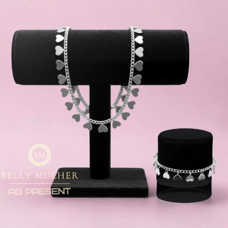 Colar Com Mini Corações e Pulseira Choker Fina Corações Lado-a-Lado Folheado a Prata 925 e Ouro 18K