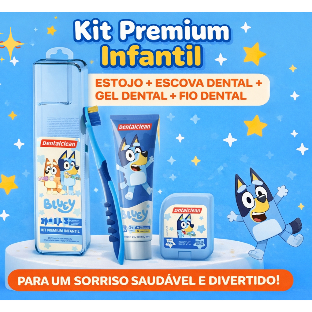 Kit infantil Bluey Higiene Dental 3 em 1 Escova de dente + Gel dental + Fio dental em Oferta na Shopee