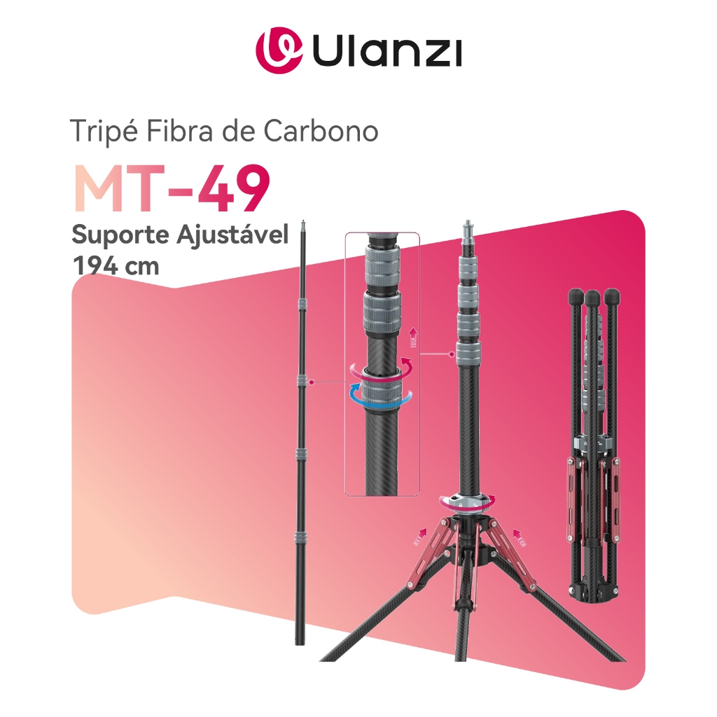 ULANZI MT-49 Tripé Fibra de Carbono 194 cm Suporte Ajustável com Clipe para Celular Luz de Estúdio