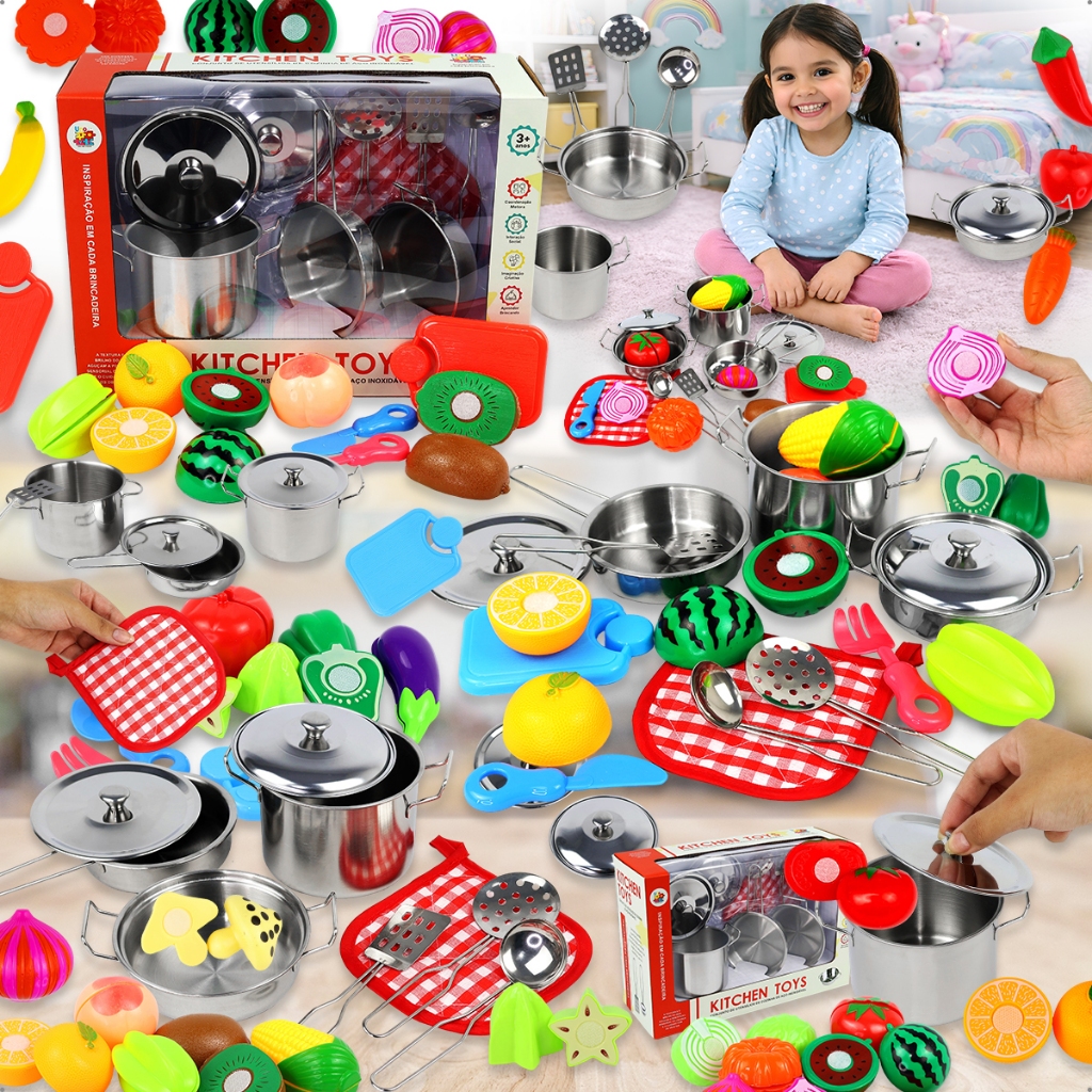 Kit Cozinha Completo Panelinhas Inox Infantil Brinquedo Educativo Com Frutas E Utensílios