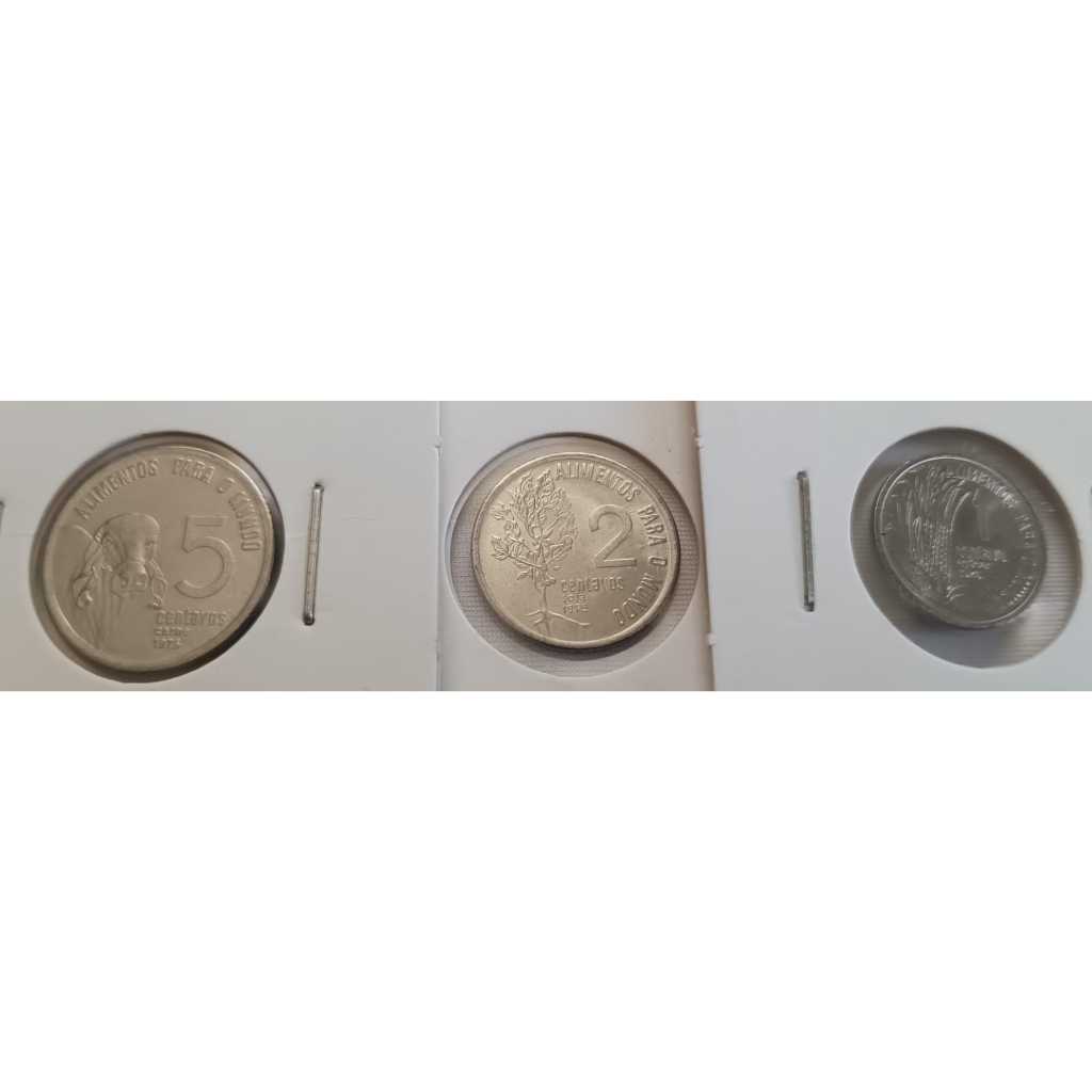 SET completo de moedas de 1, 2 e 5 centavos de Cruzeiro de 1975 (Série FAO) em estado Flor de Cunho (FC)