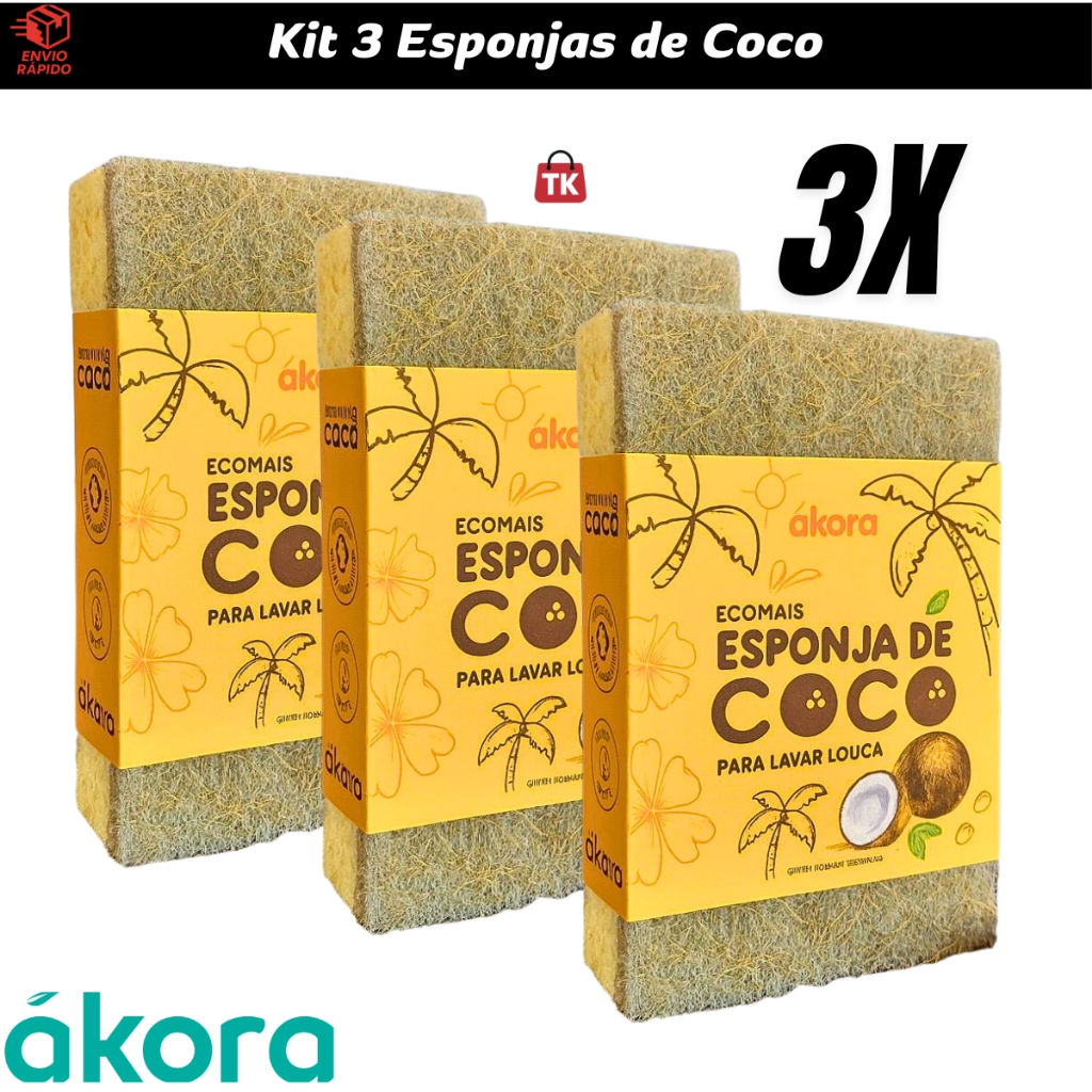 Kit 3 Esponjas de Coco Ecológica para Louça Ecomais Ákora - Antibacteriana, Durável e Biodegradável