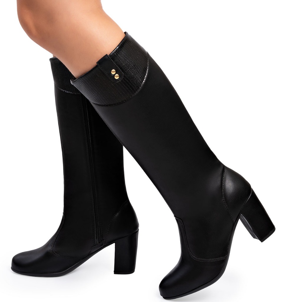 Bota Feminina Lumiss Cano Longo Salto Bloco Confortável Croco Preto