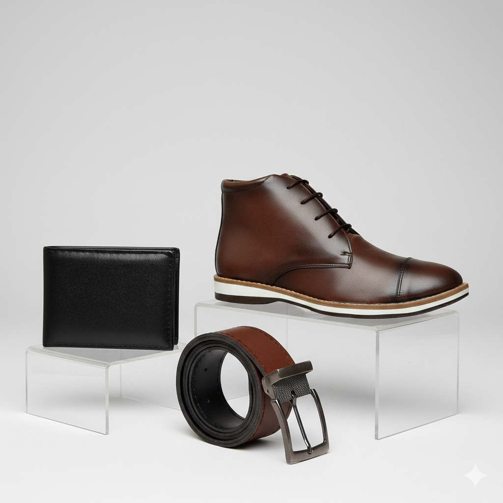 Kit Bota Casual Masculina Oxford Marrom Preto Cinto Carteira Coturno Couro Chelsea Chukka Sapato Pai