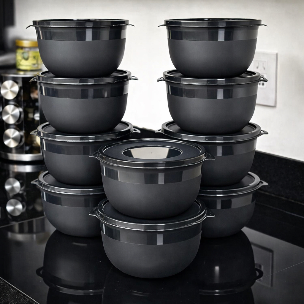 Imagem Kit 10 Bowl Preto 1300ml com Tampa Potes GL MIX - Reforçados Cozinha Alimentos e Marmitas Congelador