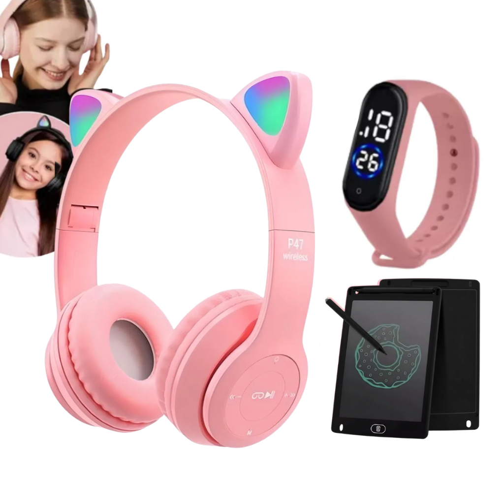 Kit Fone Ouvido Gatinho Bluetooth + relógio Led Infantil a prova d,água + lousa Lousinha Magica Lcd em Oferta na Shopee