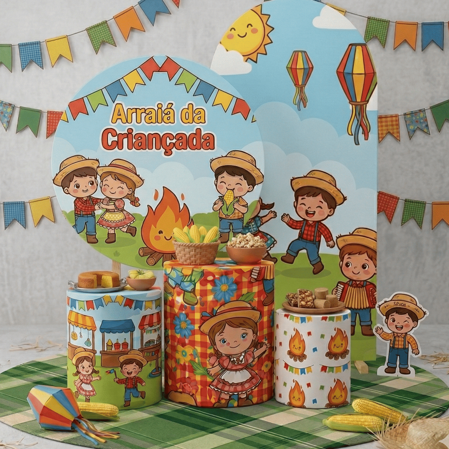 Capa Painel Redondo + Trio Cilindro Arraiá da Criançada Decoração Festa Junina Infantil Sublimado Bibi