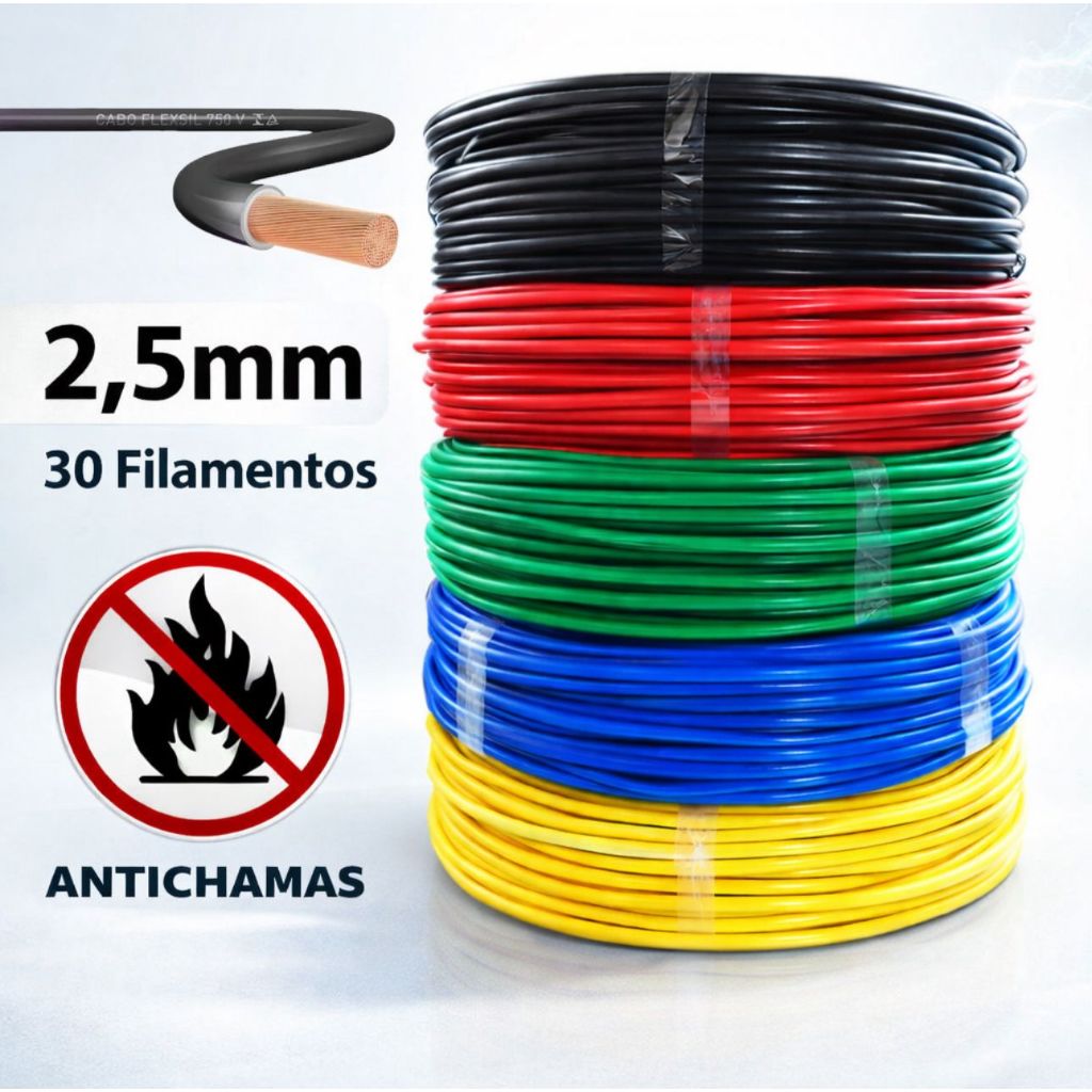 Fio Cabo Elétrico 2,5mm 100 metros / 50 metros / diversas cores - preto azul vermelho verde