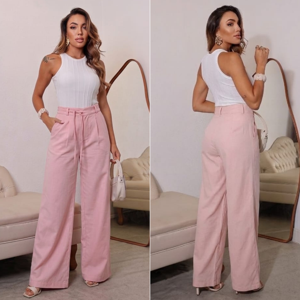 Calça Social Feminina Pantalona Cintura Alta Com Cordão na Cintura Tecido Sensoriale Marrant em Oferta na Shopee
