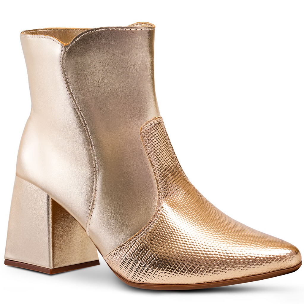 Bota Feminina Lumiss Metalizada Salto Bloco Western Cano Curto Bico Fino Confortável Croco Brilho Texana Blogueira