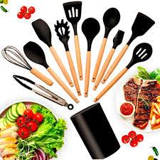 Kit de Utensílios de Cozinha Antiaderente 12 Peças - Silicone/ Madeira