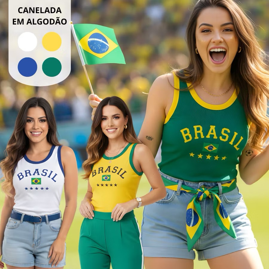 Regata Feminina Brasil   Ribana Estampada COPA DO MUNDO 2026 Verde, Amarela, Branca e Azul TAM UNICO