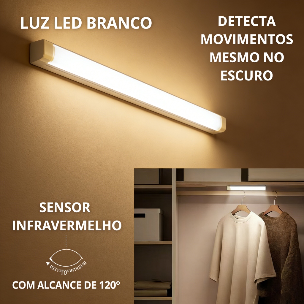 Smart Luminária Inteligente Ultra LED com sensor de movimento sem fio e Recarregável USB fino barra 20/50cm em Oferta na Shopee