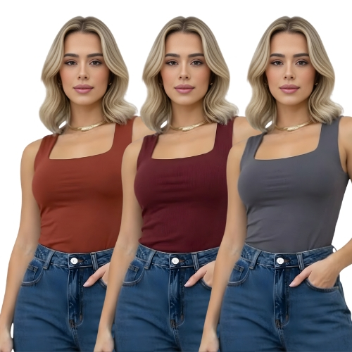 Kit 3 Blusa Regata Decote Quadrado Reto Suplex Lisa Blogueira em Oferta na Shopee