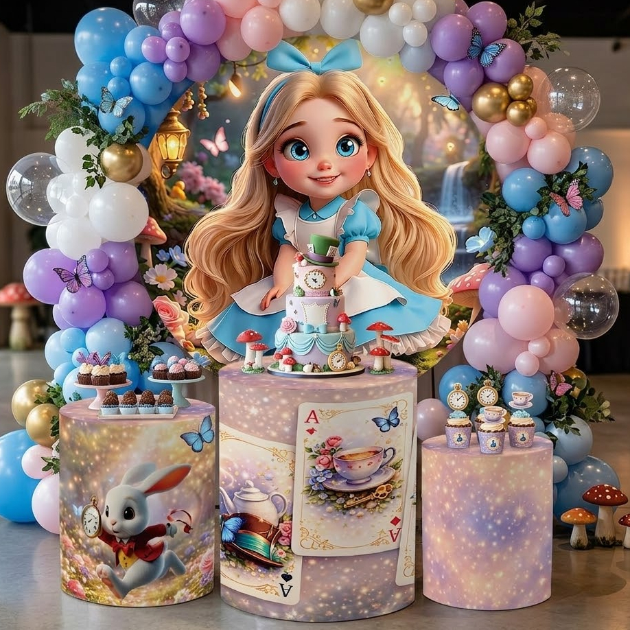 Capa Painel Redondo + Trio Cilindro Decoração P. das Maravilhas Festa Alice Encantada Meninas Bibi Painéis