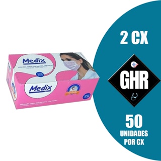 KIT 2CX Máscara Descartável Tripla Camada C/elástico Caixa C/50 Pçs Rosa - MEDIX em Oferta na Shopee