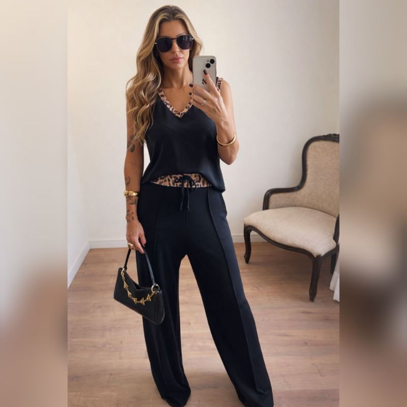 Conjunto Feminino Calça Pantalona e Blusa Animal Print Moletinho