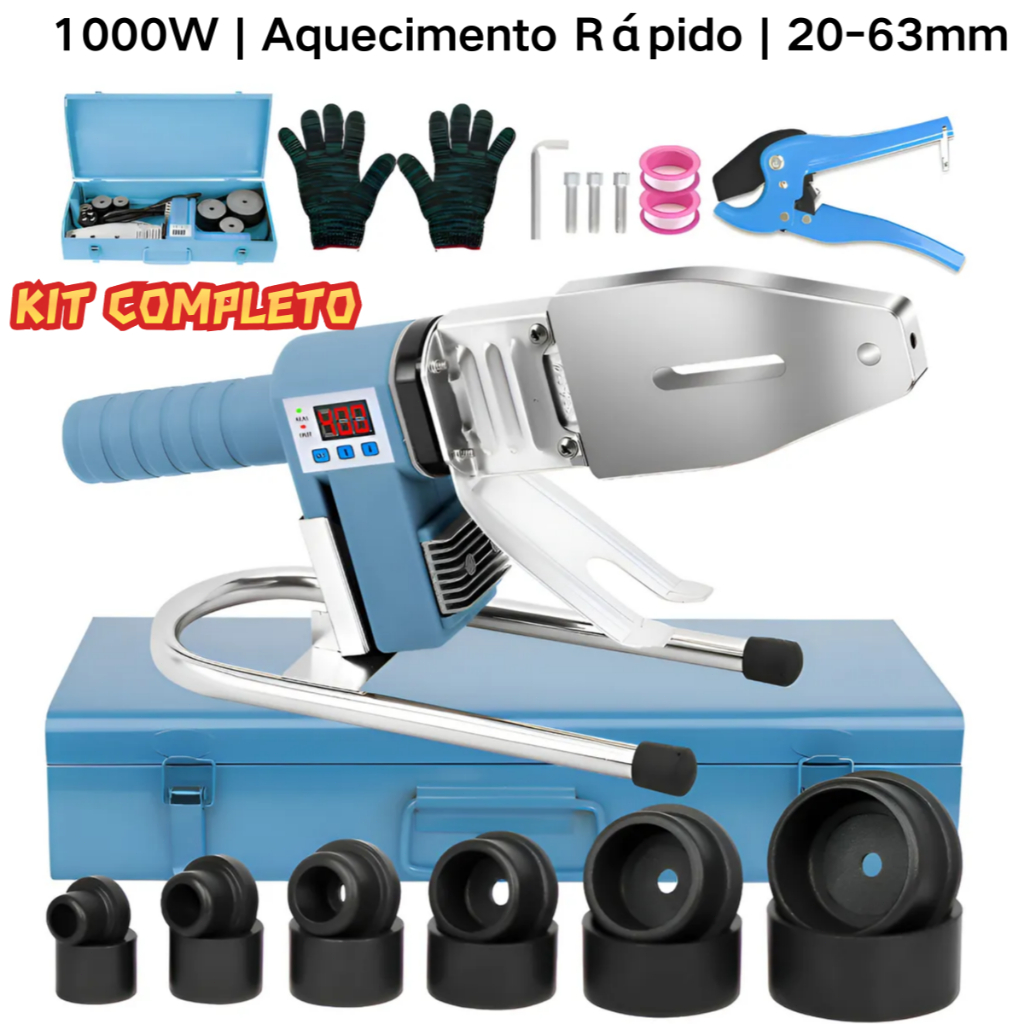 Kit Termofusora PPR 1000W 20-63mm com 6 Bocais e Maleta 110V/220V