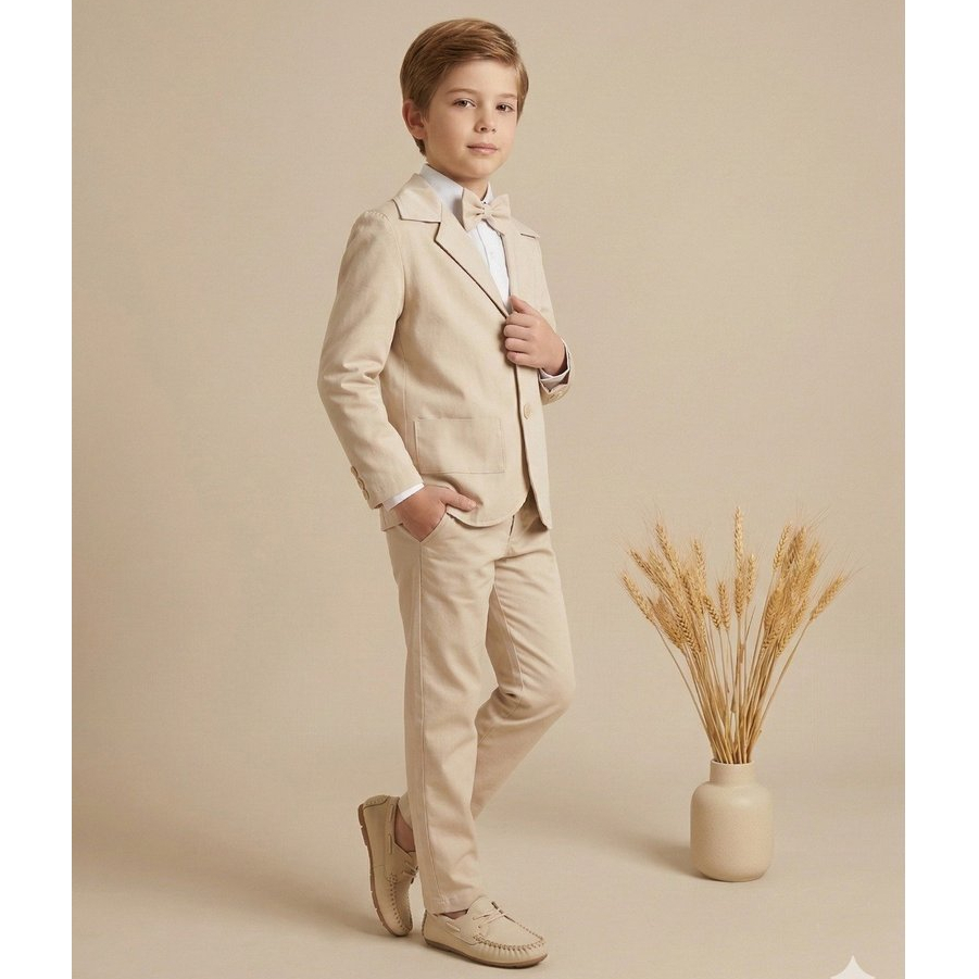 Terno Social Conjunto Paletó Bege Palha Infantil Festa Kit 5 Peças Calça Camisa Gravata Cinto Blazer