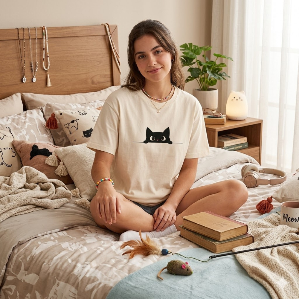 Camiseta Feminina Gatinho Casual Delicada Algodão Passeio Academia Lazer Streetwear Blusa