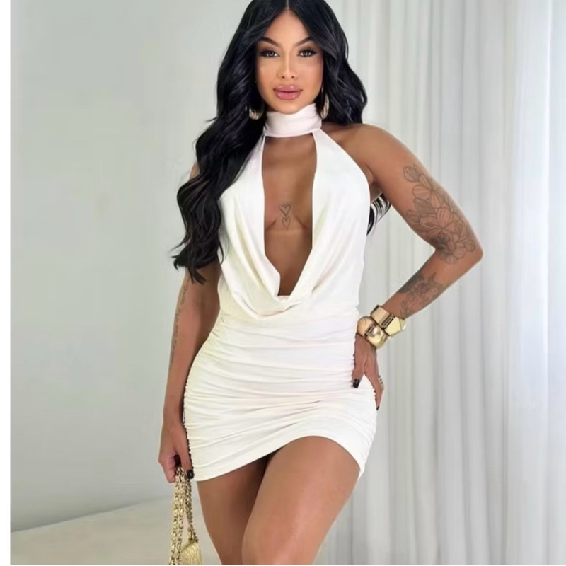 Vestido Curto Feminino Branco Elegante Decote | Vestido Festa Balada Moda Feminina Vestido Ajustado