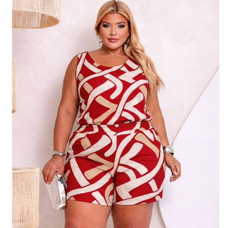 conjunto feminino plus size short forrado e blusa regata decote V estampado verão em Oferta na Shopee