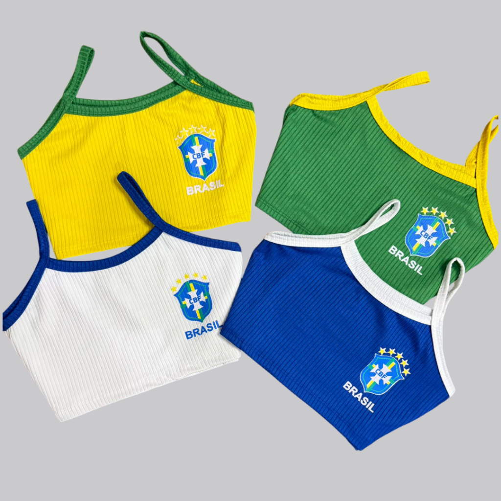 Kit 3 Top Cropped Brasil Blusinha Feminina Copa Canelado Estampado em Oferta na Shopee