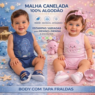 Conjunto bory body regata e tapa fralda bebe menino e menina algodão canelado em Oferta na Shopee