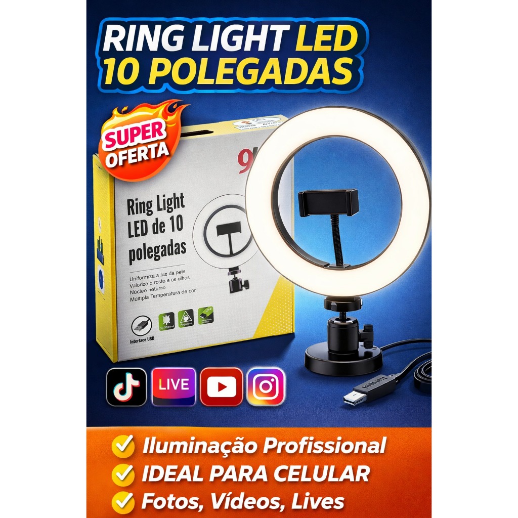 Ring Light LED 10 Polegadas Iluminador Para Celular Foto Vídeo Live
