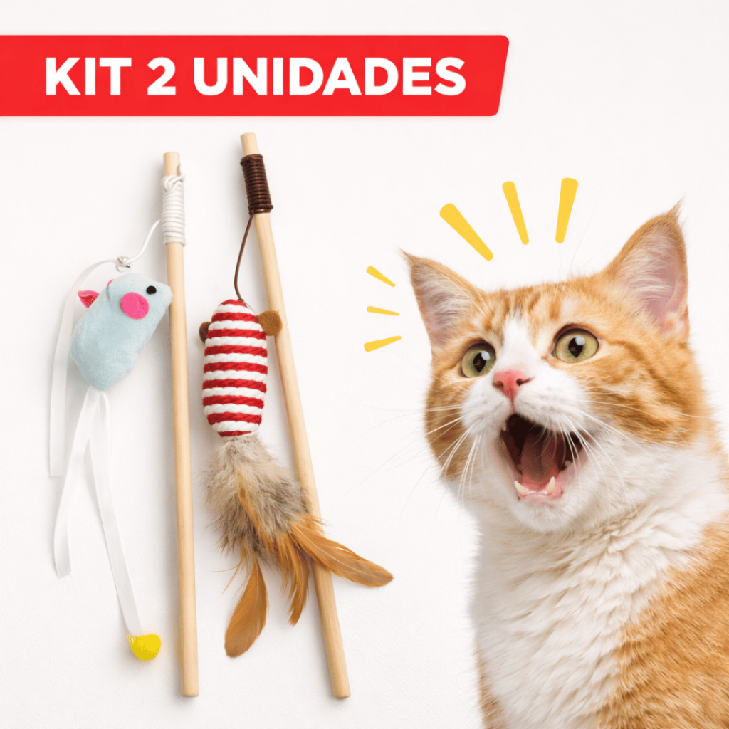 Kit 2 Varas para Gato com Ratinho Penas e Pelúcia 40cm Interativo