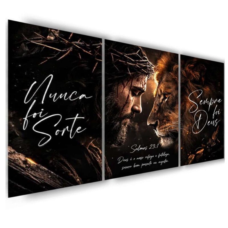 Quadro Decorativo Grande 122x60 Arte Leão e Jesus Nunca Foi Sorte Sempre Foi Deus 3 Peças Para Sala Quarto Decoração