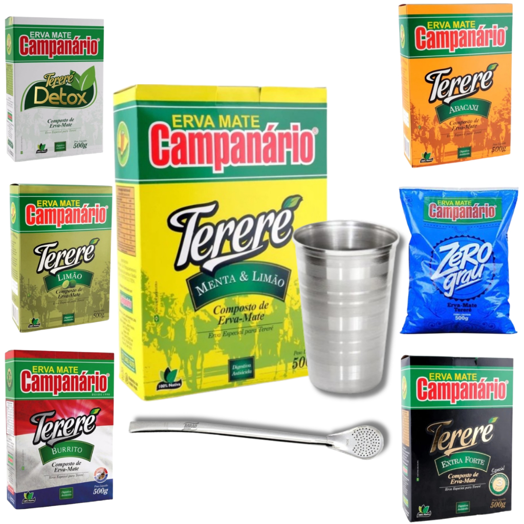 KIT TERERÉ Erva mate Campanário 500g Sabores + Copo Aluminio Resistente + Bomba Cromada Tereré