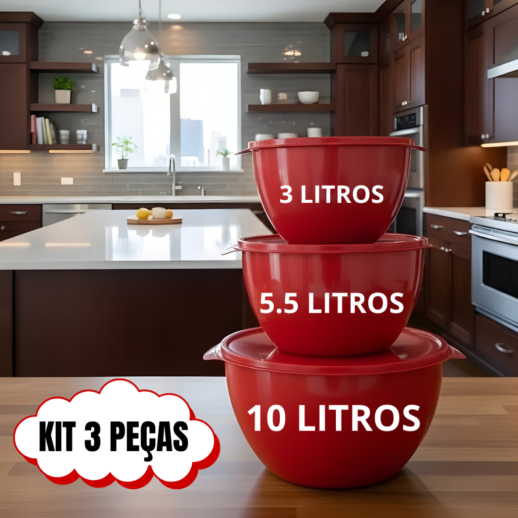 Kit 3 Potes Bowl Plástico tigela – Tapoer 3000 ml, 5500 ml e 10000 ml Prático, Empilhável e Durável