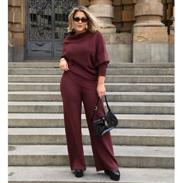 Conjunto feminino calça pantalona flare blusa alongada assimétrica manga longa tricô premium social elegante luxuoso