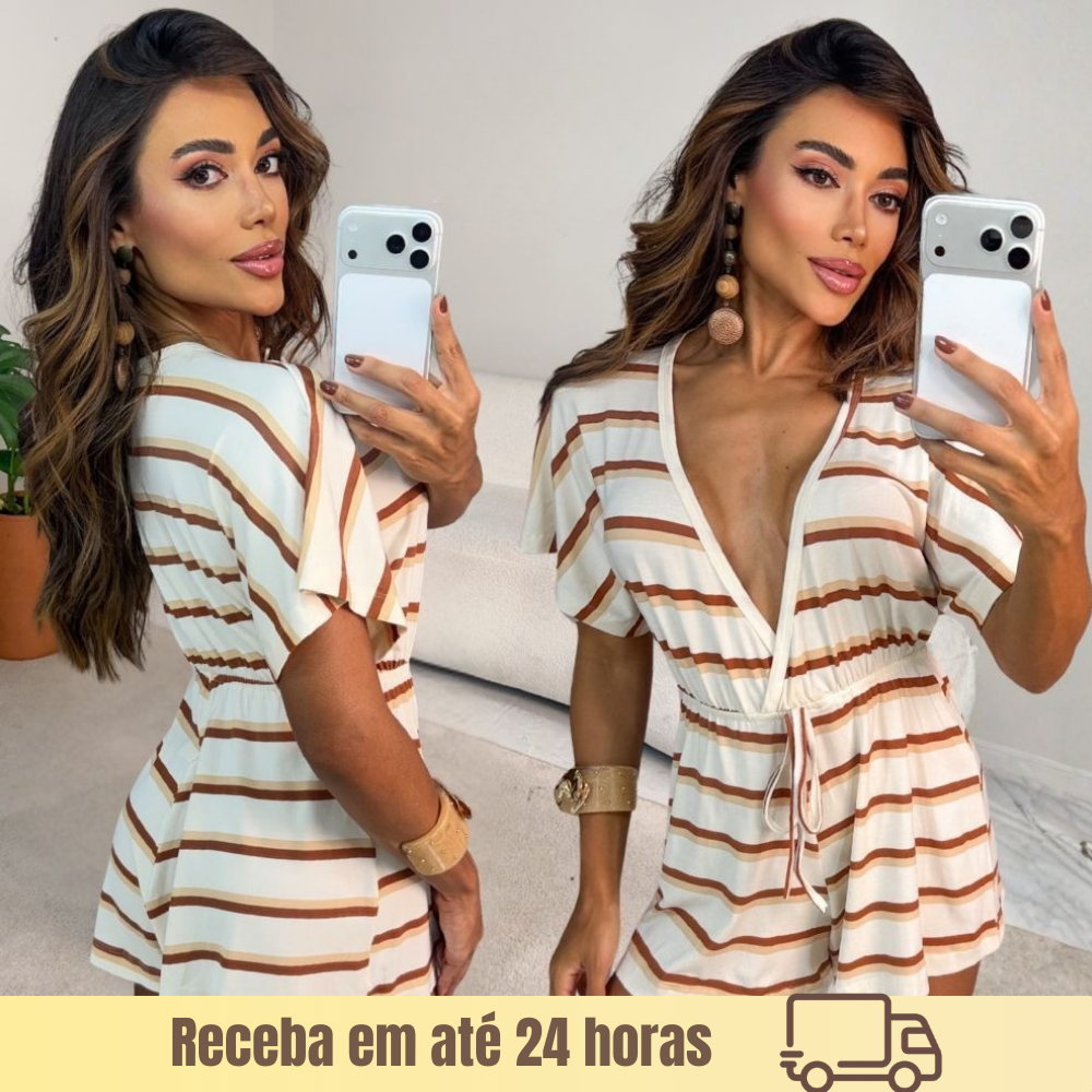Macaquinho Feminino Listrado Viscolycra Premium Decote V Ajustável Moda Verão Tendência 2026 Confortável Casual