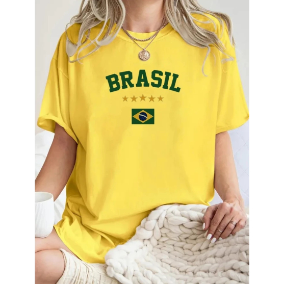 Camiseta Feminina Estampada Brasil 5 Estrelas Nação Futebol Copa do Mundo Algodão Streewear