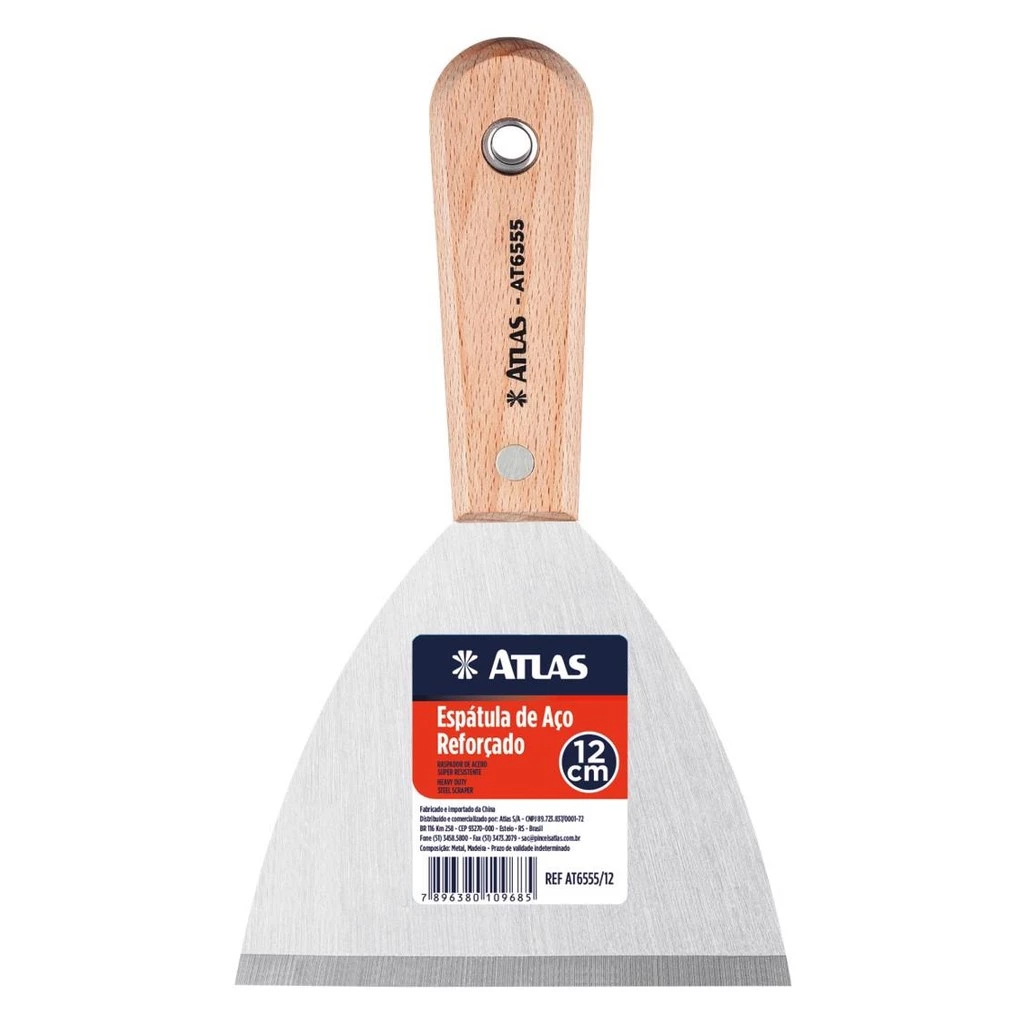 Espátula de Aço Reforçada  120 mm P/ Massa Corrida, Gesso, Massa Plástica, Raspagem Atlas (AT6555/12)