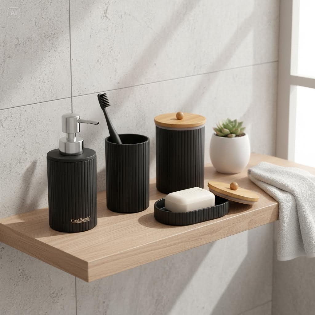 Kit Banheiro 4 Peças Bambu Conjunto Lavabo Luxo Porta Escova Saboneteira Dispenser Sabonete Líquido